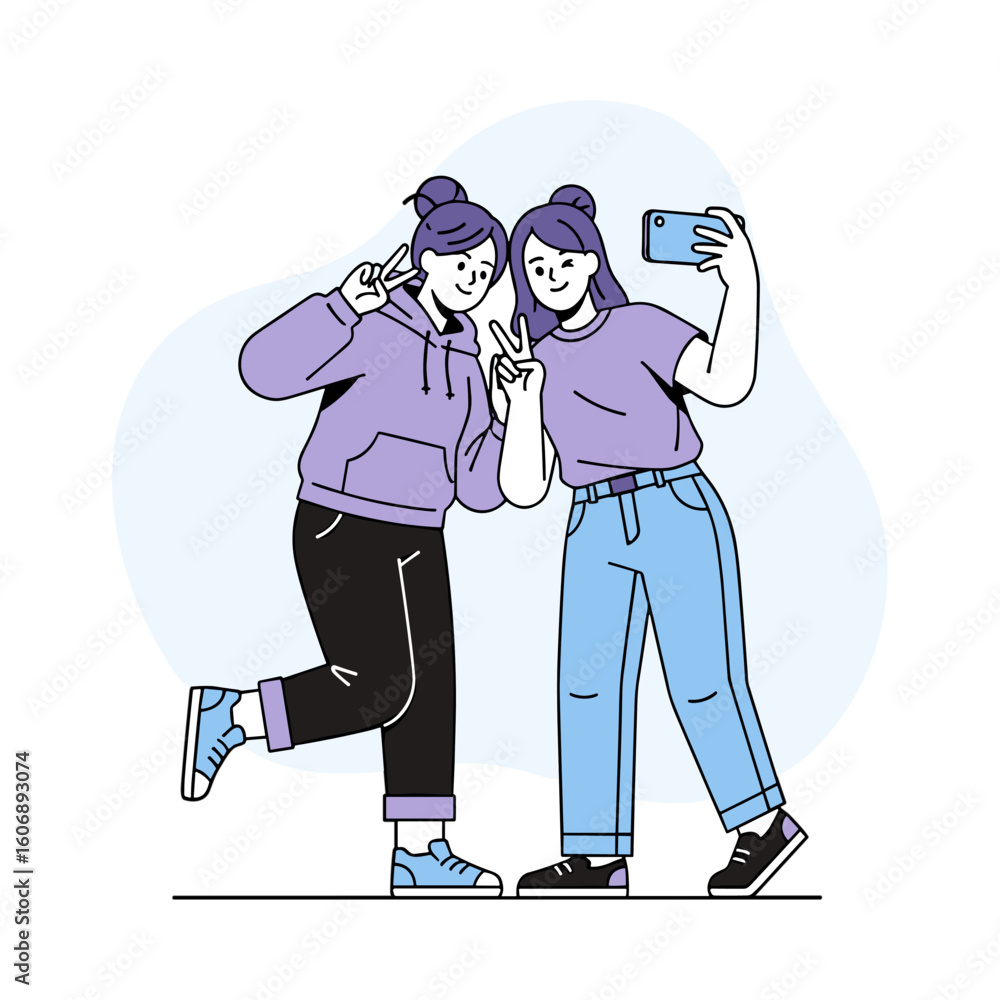 Fototapeta premium Two cheerful young women friends taking a selfie photo with a smartphone vector illustration