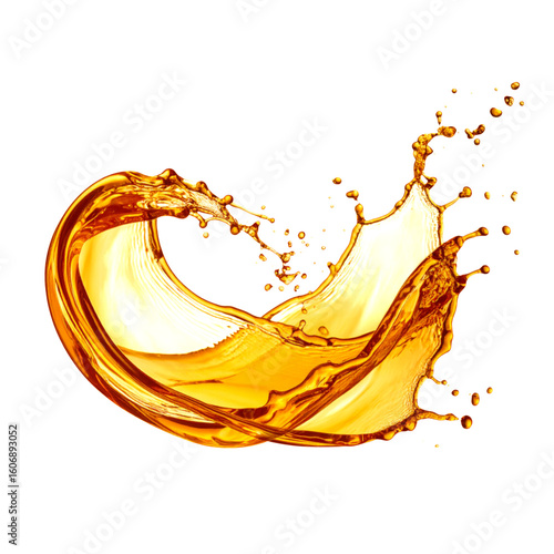 A dynamic splash of golden liquid frozen mid-air, showcasing fluid motion and vibrant amber hues.