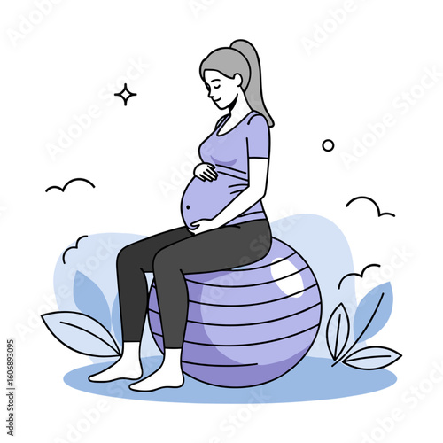 Pregnant woman doing prenatal exercises while sitting on a fitness ball for maternity.
