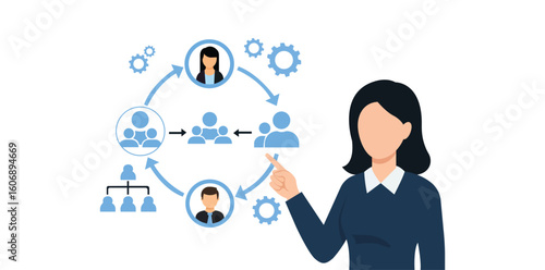 Businesswoman presenting team management structure with people icons and gears vector illustration representing leadership organization communication and workflow
