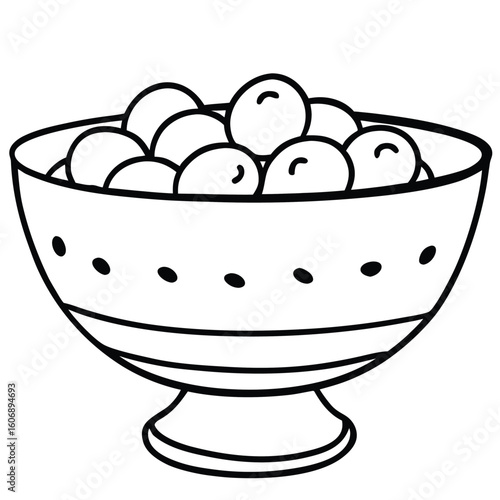 Simple line drawing of a pedestal bowl filled with round fruits or berries perfect for food illustrations and designs