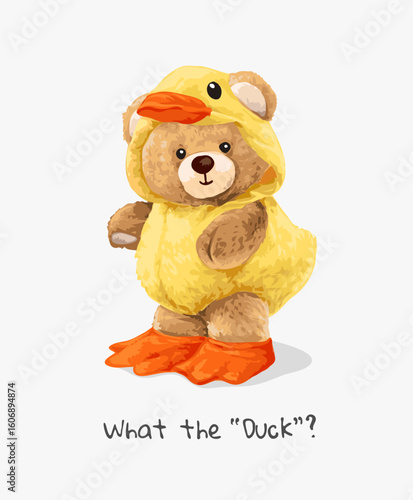 cute bear doll in yellow duck costume vector illustration