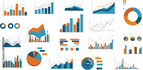 Collection of various charts and graphs in blue and orange colors representing data visualization tools