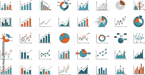 Collection of various types of business charts and graphs in teal and orange color scheme on transparent background
