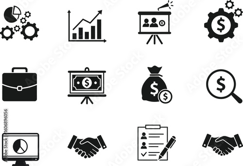Business and Finance Icon Set Representing Growth, Communication, and Networking