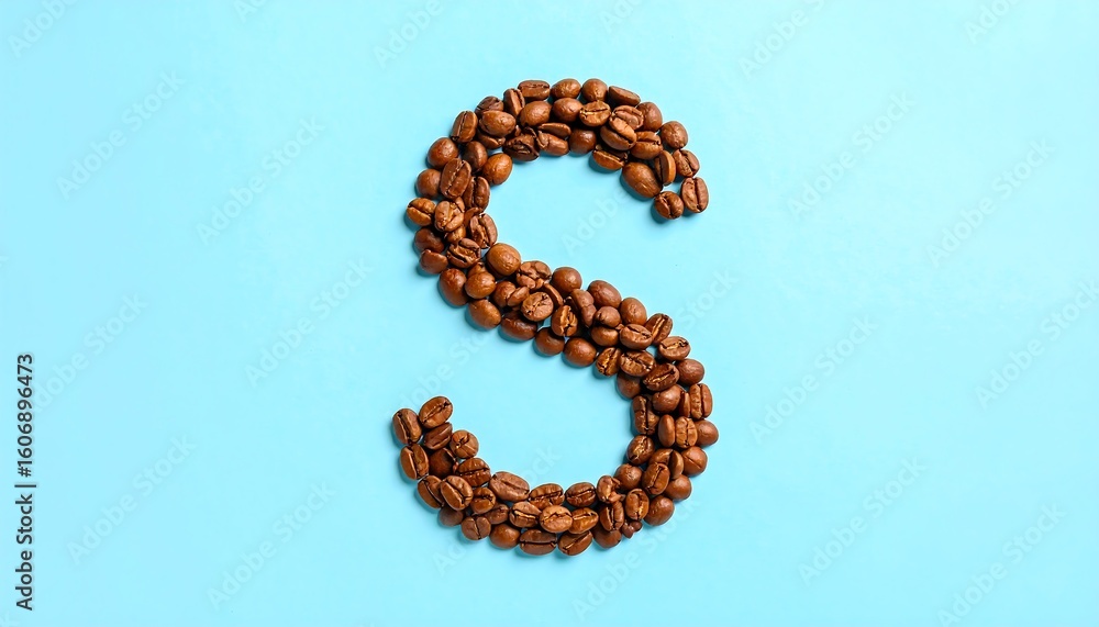 Obraz premium Coffee beans arranged in letter S on light blue background