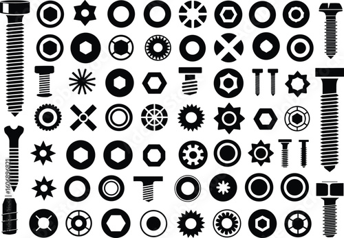 Collection of black screw, bolt, nut, and tool head silhouettes for industrial, mechanical, construction, repair, and hardware design projects