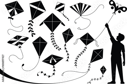 Silhouette of boy flying various kites with butterfly shape, celebrating outdoor kite festival, fun windy day, perfect for design