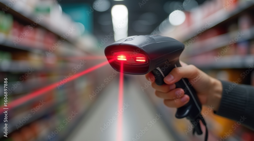 Fototapeta premium A close-up of a handheld laser barcode scanner reading a barcode on a product's label.