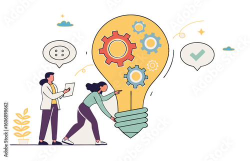 Vector Creative teamwork concept with businesspeople generating ideas and innovation using gear mechanism