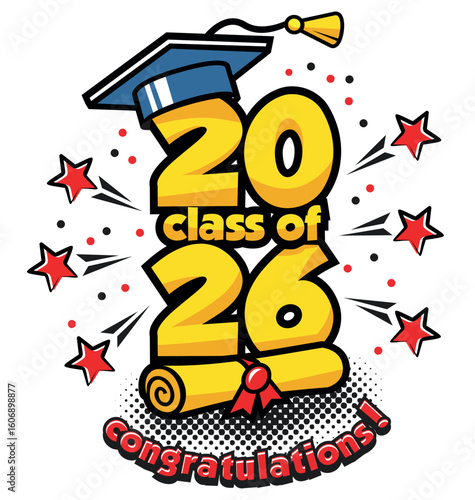 2026 class graduation header. Decorate congratulation for school graduates. Vector template in comic style on transparent background