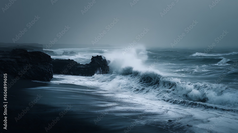 black volcanic sand beach with crashing waves rough sea atmospheric mood black volcanic sand beach with crashing waves rough sea atmospheric mood