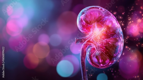 Fototapeta Naklejka Na Ścianę i Meble -  A detailed and glowing 3D illustration of a single human kidney in vibrant red and magenta hues, rendered with translucent surfaces revealing intricate internal structures.