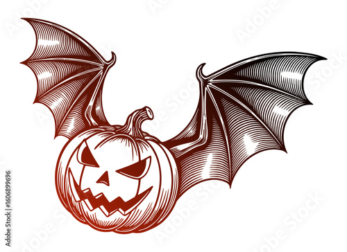 Halloween pumpkin with bat wings sketch