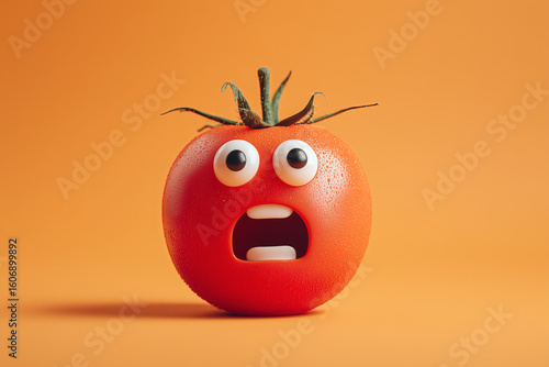 Bright red tomato with wide eyes and an open mouth, expressing shock against a vibrant orange background