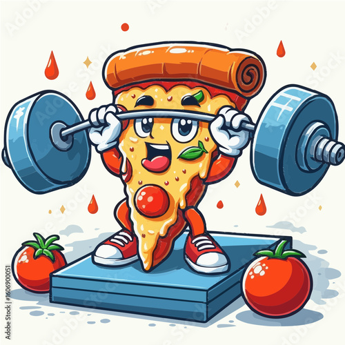 Pizza slice lifting weights at the gym with tomato spotter