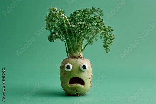 Uniquely crafted vegetable character with a surprised expression, showcasing vibrant greenery against a bright green background. Perfect for playful designs or culinary creativity