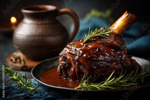 Dark, rich, slow-cooked lamb shank in savory gravy, garnished with fresh rosemary sprigs, served on a dark plate