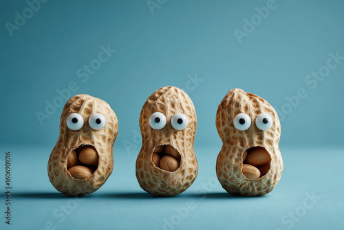 Unique and playful peanuts with googly eyes express emotions in a whimsical setting against a calming blue backdrop
