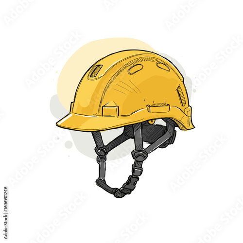 Yellow construction helmet with straps on white backdrop  