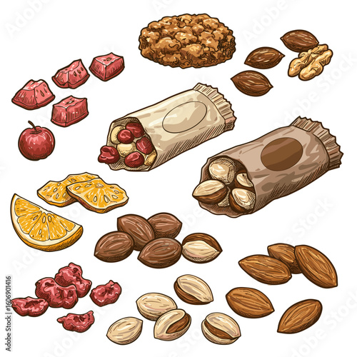 Assorted snacks including nuts, fruits, and granola bars on white background  