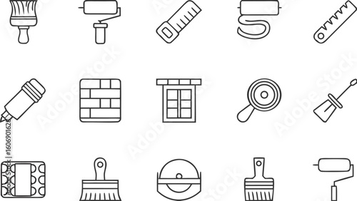 Minimal Line Art Icons – Painting Tools, Windows & Brick Patterns