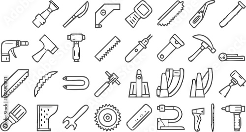 Vector Line Icons of Power and Hand Tools for Construction & Woodworking
