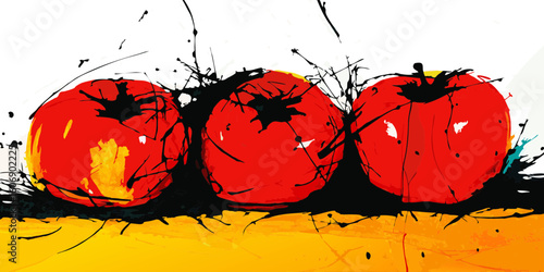 Three tomatoes painted in red and yellow, for food blogs