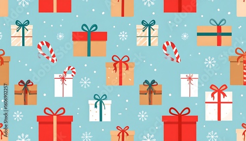 Festive gift boxes pattern on a light blue background with snowflakes