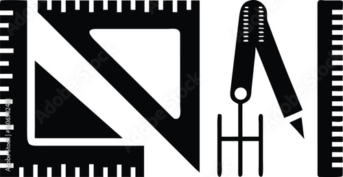 Black Silhouette Rulers and Geometric Measurement Tools Vector Icons