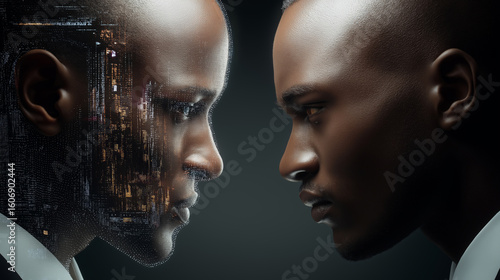 Conceptual image of a man facing his digital AI counterpart, blending human features with futuristic data patterns and technology elements.