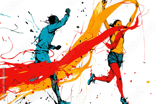 Runners in dynamic pose, colorful paint splashes, for sports promotion