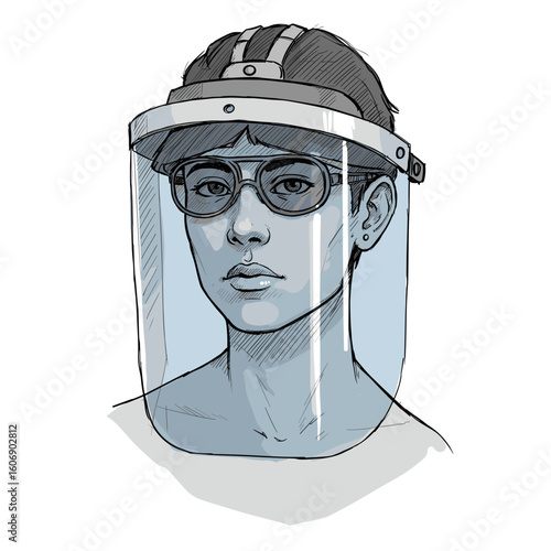 Young person wearing protective face shield and glasses in illustration  