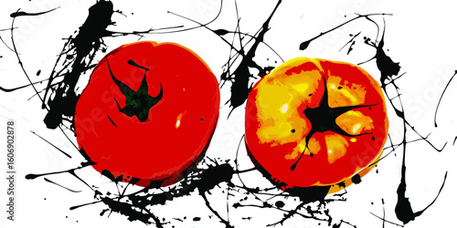 Two tomatoes in red and yellow, abstract style, for food blogs