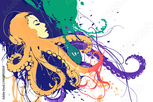 Woman as octopus, colorful illustration, for design projects