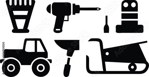 Heavy Construction Tools Silhouette Icons – Drill, Tractor, Wheelbarrow, Mixer & Equipment