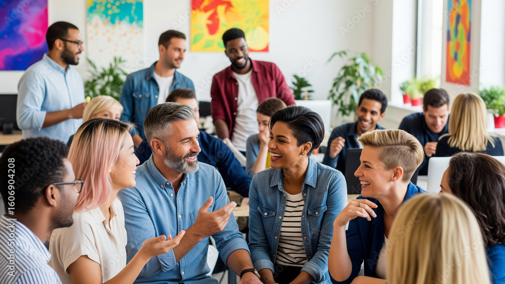 Fototapeta premium Large group of diverse office staff gathering for a friendly moment in a bright modern workspace