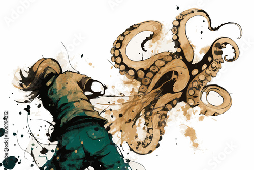 Person fleeing a giant octopus, in sepia and teal tones, for fantasy illustrations