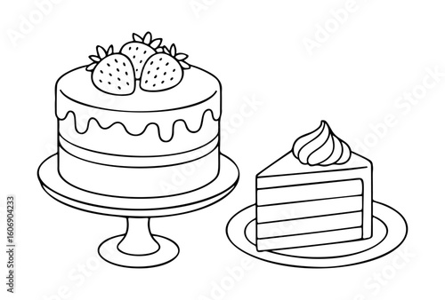 cake and piece of cake black and white icon clean line art, doodle style. Ideal for logo, tattoo, app, coloring book, web design, infographics, banner, poster, and more. Vector illustration