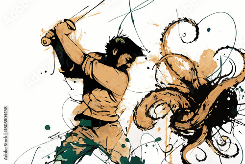 Man fighting an octopus in expressive illustration, for fantasy, gaming, or book cover