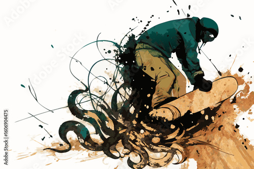 Snowboarder in action, illustrated in brown and green tones, for sports design