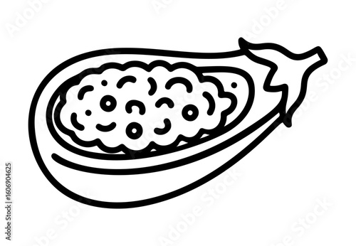 Imam Bayildi Turkish food outline icon line art, black and white doodle style. Ideal for logo, tattoo, app, coloring book, web design, infographics, banner, poster, and more. Vector illustration