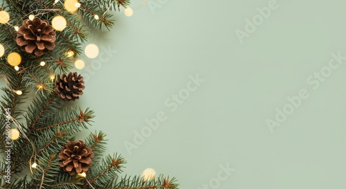 Flat lay Christmas background with cozy handmade rustic decor.