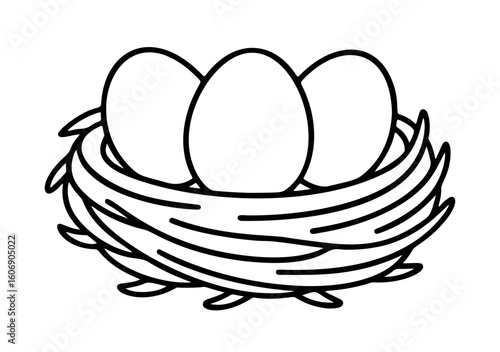 nest with eggs outline icon line art, black and white doodle style. Ideal for logo, tattoo, app, coloring book, web design, infographics, banner, poster, and more. Vector illustration