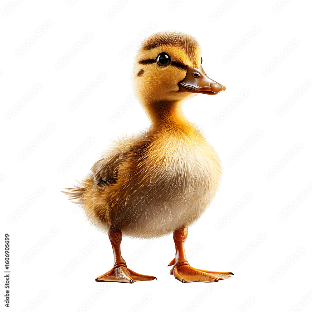 Fototapeta premium A photograph of a young fluffy yellow duckling with delicate feathers isolated against a clean white background