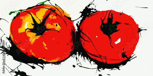 Two tomatoes in expressive style, red and yellow, for food blogs