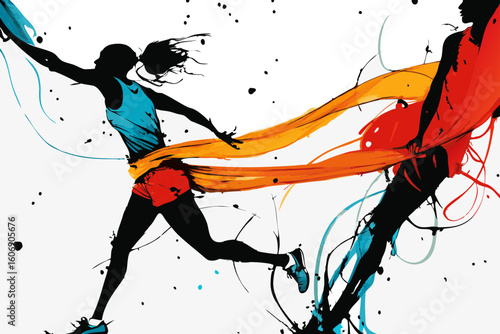 Two athletes competing, dynamic painted style, with copy space