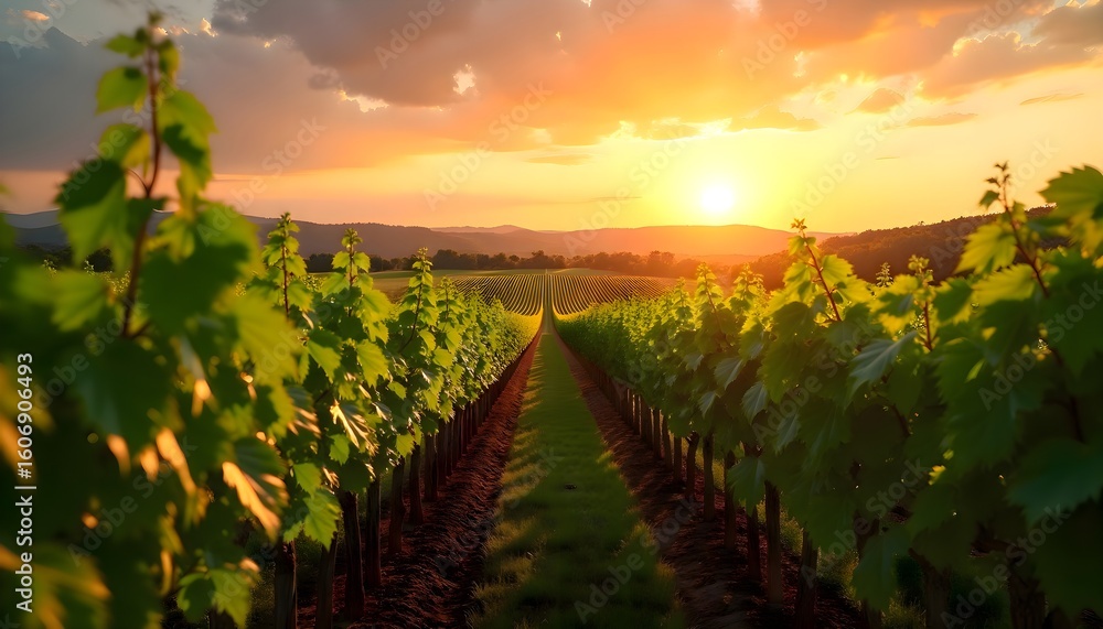 Fototapeta premium Sunset light falling over rows of grapevines in a vineyard landscape, creating warm tones in a peaceful countryside setting