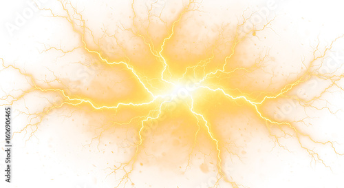 A bright yellow lightning strike exploding outwards with electric energy on a transparent background