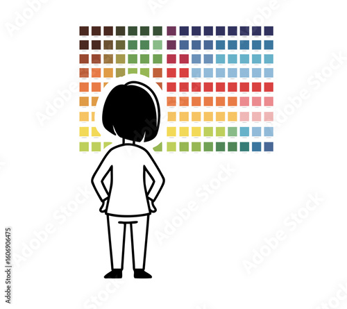 A metaphor for the inability to make decisions. The designer stands in front of a wall covered with numerous paint samples, symbolizing the difficulty of choosing from a multitude of options.